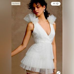 ML Monique Lhuillier Perrie Tiered Shoulder-Ruffle V-Neck Mini Dress